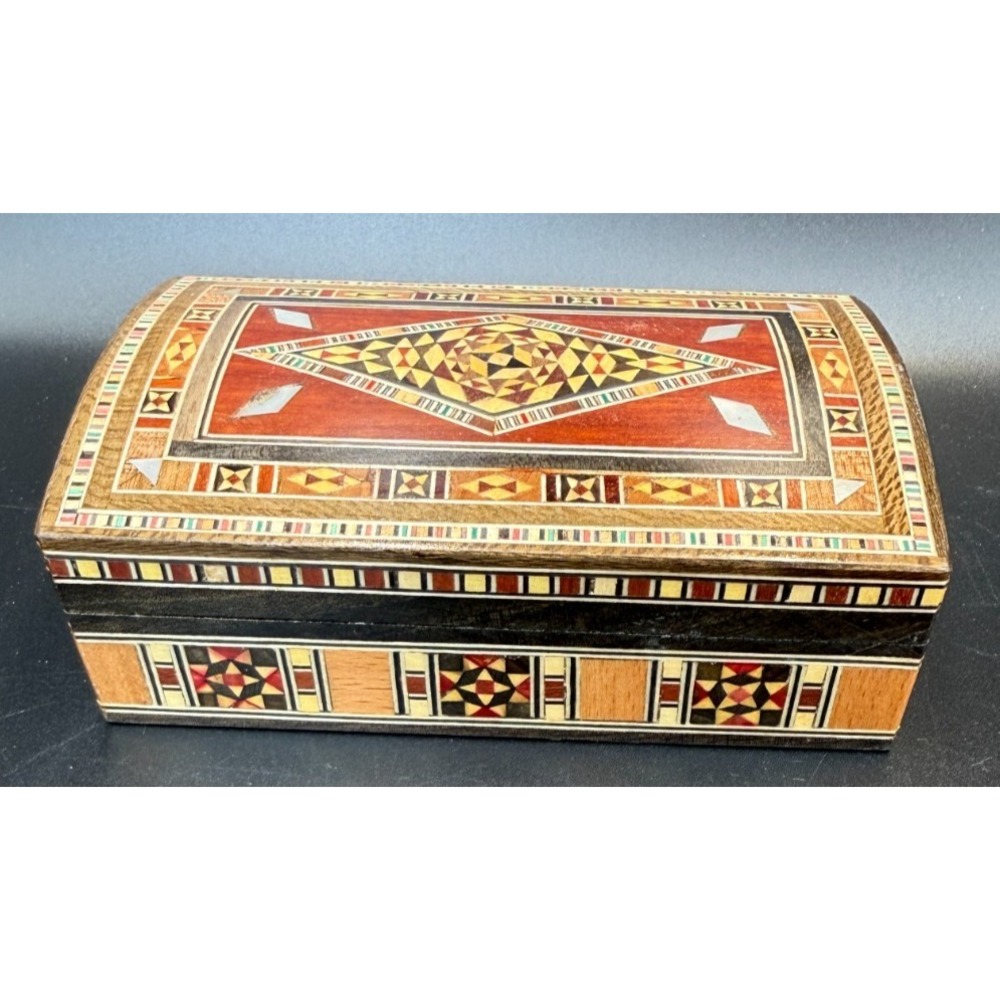 Handcrafted Damascene Mosaic Inlaid Mother of Pearl Jewelry Box Velvet Lined-VTG